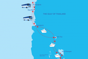 Map of Koh Samui Ferry routes from Donsak and Chumporn to Koh Tao, Koh Phangan and other islands
